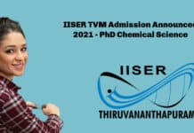 IISER TVM Admission Announced 2021 - PhD Chemical Science