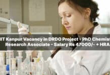 IIT Kanpur Vacancy in DRDO Project - PhD Chemistry Research Associate - Salary Rs 47000/- + HRA