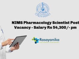 NIMS Pharmacology Scientist Post Vacancy - Salary Rs 54,300/- pm