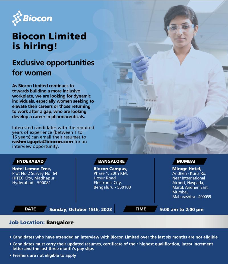 Biocon Jobs Latest - Attend Walk-In Drive